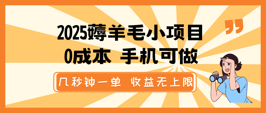 2025薅羊毛小项目，0成本 手机可做，几秒钟一单，收益无上限-富业网创