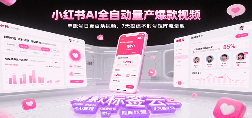 小红书AI全自动量产爆款视频，单账号日更百条视频，7天搭建不封号矩阵流量池-951博客