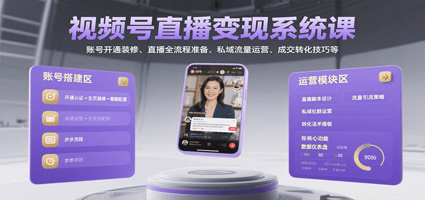 视频号直播变现系统课，账号开通装修、直播全流程准备、私域流量运营、成交转化技巧等-951博客
