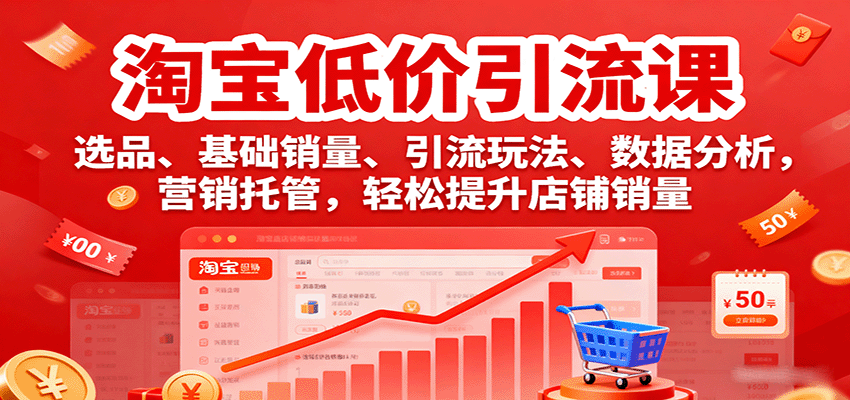 淘宝低价引流课，选品、基础销量、引流玩法、数据分析，营销托管，轻松提升店铺销量_酷乐网
