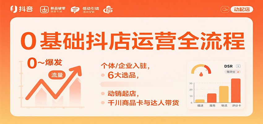 0基础抖店运营全流程:个体/企业入驻,6大选品,动销起店,千川商品卡与达人带货_酷乐网