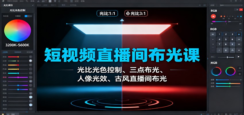短视频直播间布光课:光比光色控制、三点布光、人像光效、古风直播间布光_酷乐网
