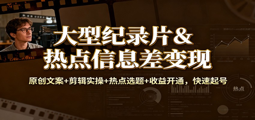 大型纪录片&热点信息差变现：原创文案+剪辑实操+热点选题+收益开通，快速起号_酷乐网