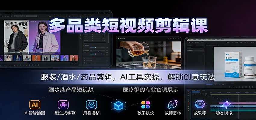 多品类短视频剪辑课：服装/酒水/药品剪辑，AI工具实操，解锁创意玩法_酷乐网