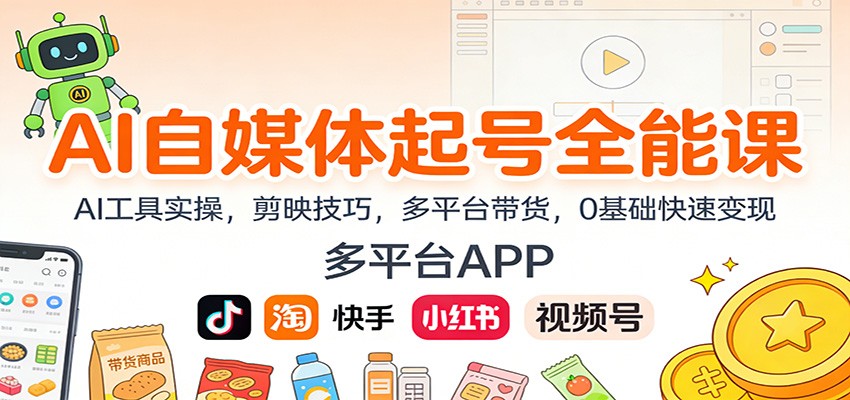 AI自媒体起号全能课:AI工具实操,剪映技巧,多平台带货,0基础快速变现_酷乐网
