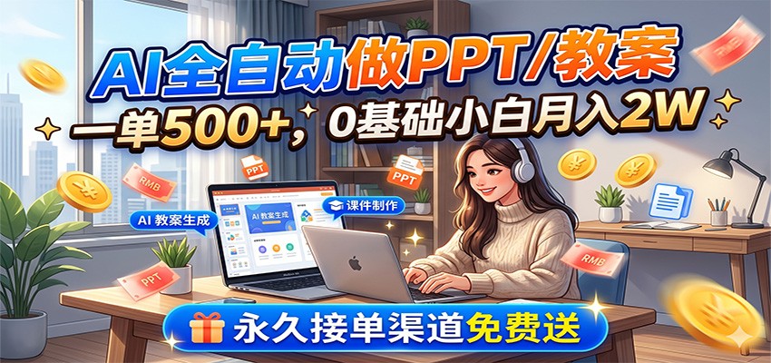 AI全自动做PPT/教案，一单500+，0基础小白月入2W，永久接单渠道免费送-中创副业网
