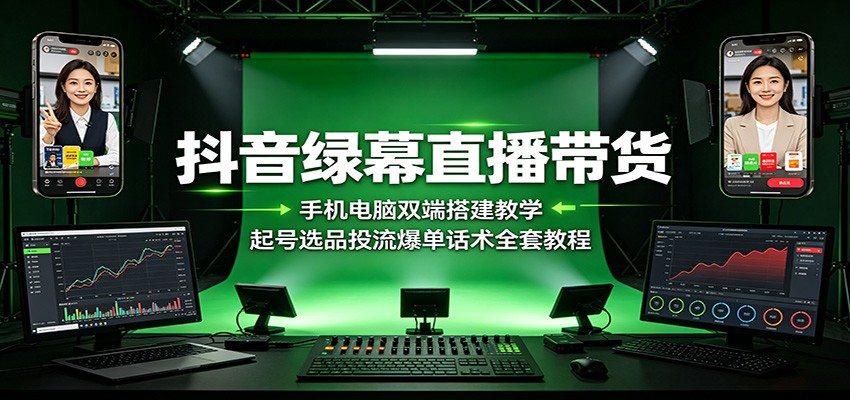 抖音绿幕直播带货：手机电脑双端搭建教学，起号选品投流爆单话术全套教程-中创副业网