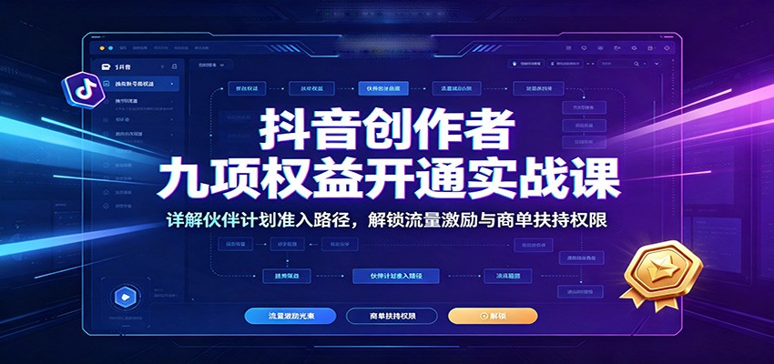 抖音创作者九项权益开通实战课：详解伙伴计划准入路径，解锁流量激励与商单扶持权限-副业研究所