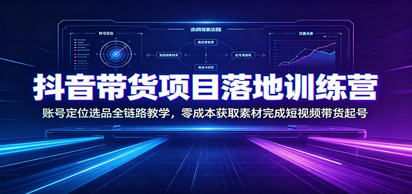 抖音带货项目落地训练营：账号定位选品全链路教学，零成本获取素材完成短视频带货起号-副业研究所