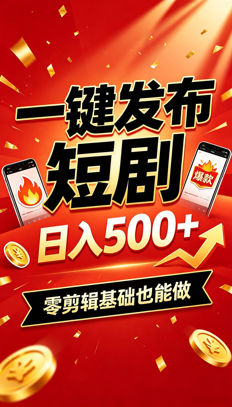 快手短剧一键发布，不用剪辑操作简单，副业日入500+。空闲时间轻松赚收益-副业研究所