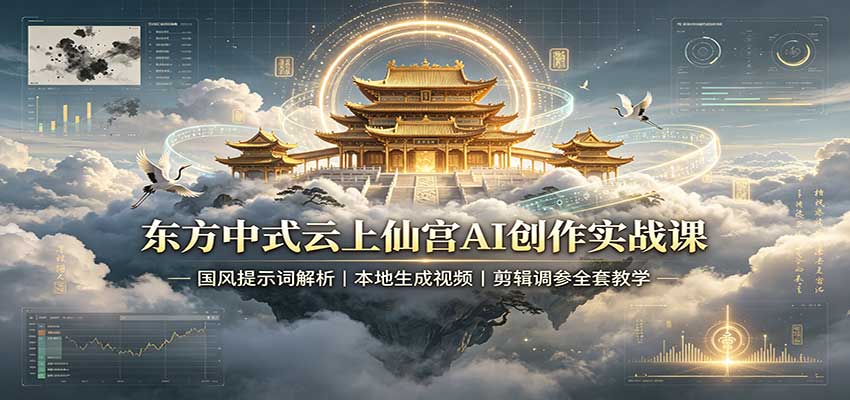 东方中式云上仙宫AI创作实战课：国风提示词解析，本地生成视频，剪辑调参全套教学-副业研究所