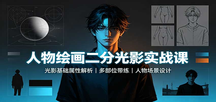 人物绘画二分光影实战课：光影基础属性解析，多部位带练，人物场景设计-副业研究所