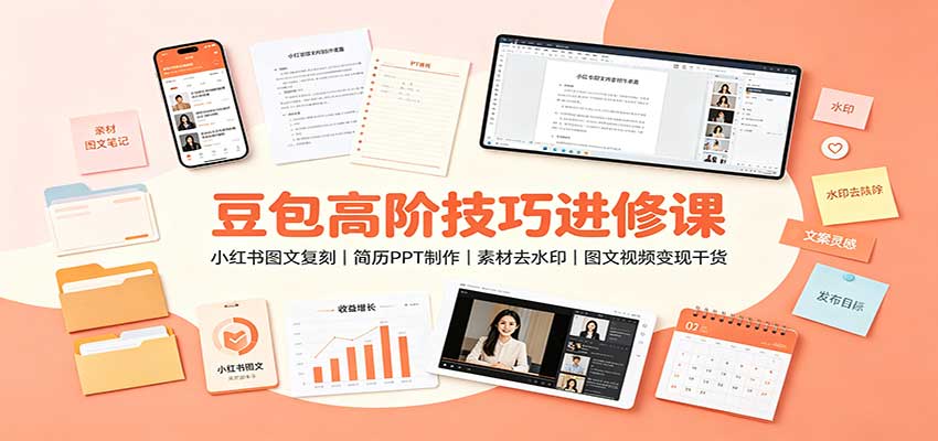豆包高阶技巧进修课：小红书图文复刻，简历PPT制作，素材去水印，图文视频变现干货-副业研究所