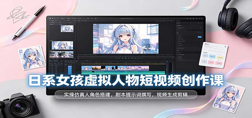 日系女孩虚拟人物短视频创作课：实操仿真人角色搭建，剧本提示词撰写，视频生成剪辑