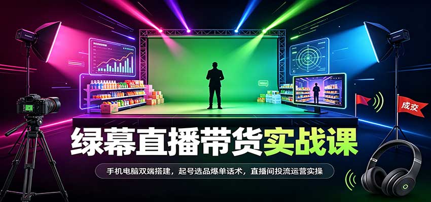 绿幕直播带货实战课：手机电脑双端搭建，起号选品爆单话术，直播间投流运营实操-副业研究所