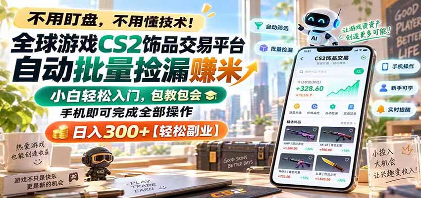 全球游戏CS2饰品交易平台自动批量捡漏赚米，手机即可完成全部操作，日入300+-副业研究所