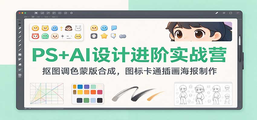 PS+AI设计进阶实战营：抠图调色蒙版合成，图标卡通插画海报制作-副业研究所